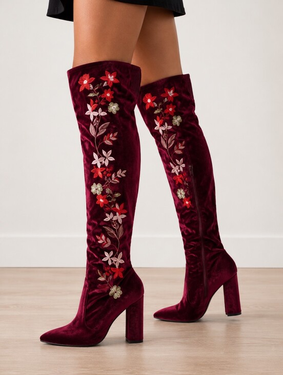 Qupid Shoes - QUPID | Burgundy Velvet Embroidered Thigh High Boots Floral Block Heel Statement